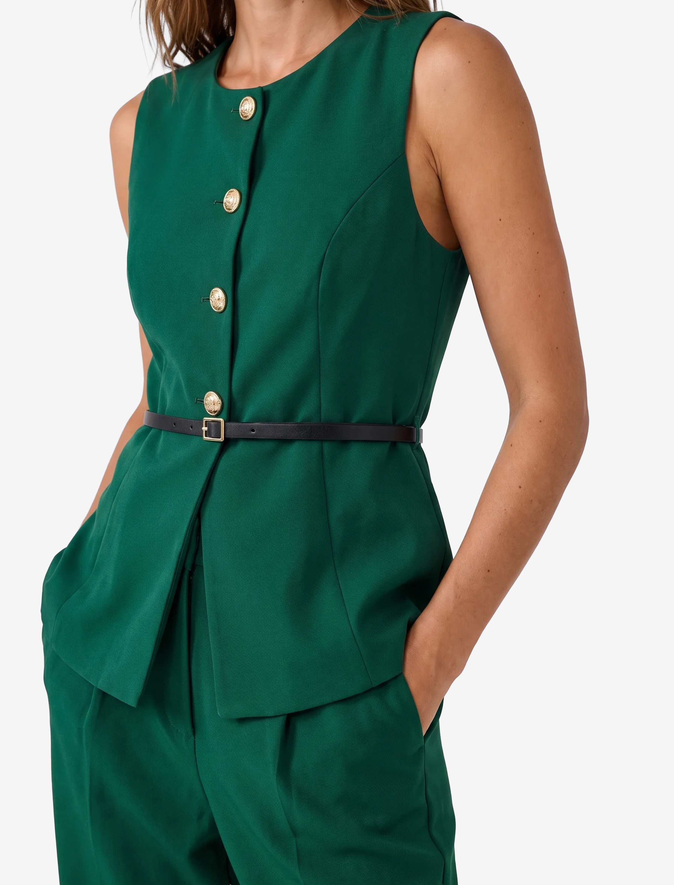   Slim Fit Mücevher Düğmeli Bisiklet Yaka Kemerli Peplum Yelek