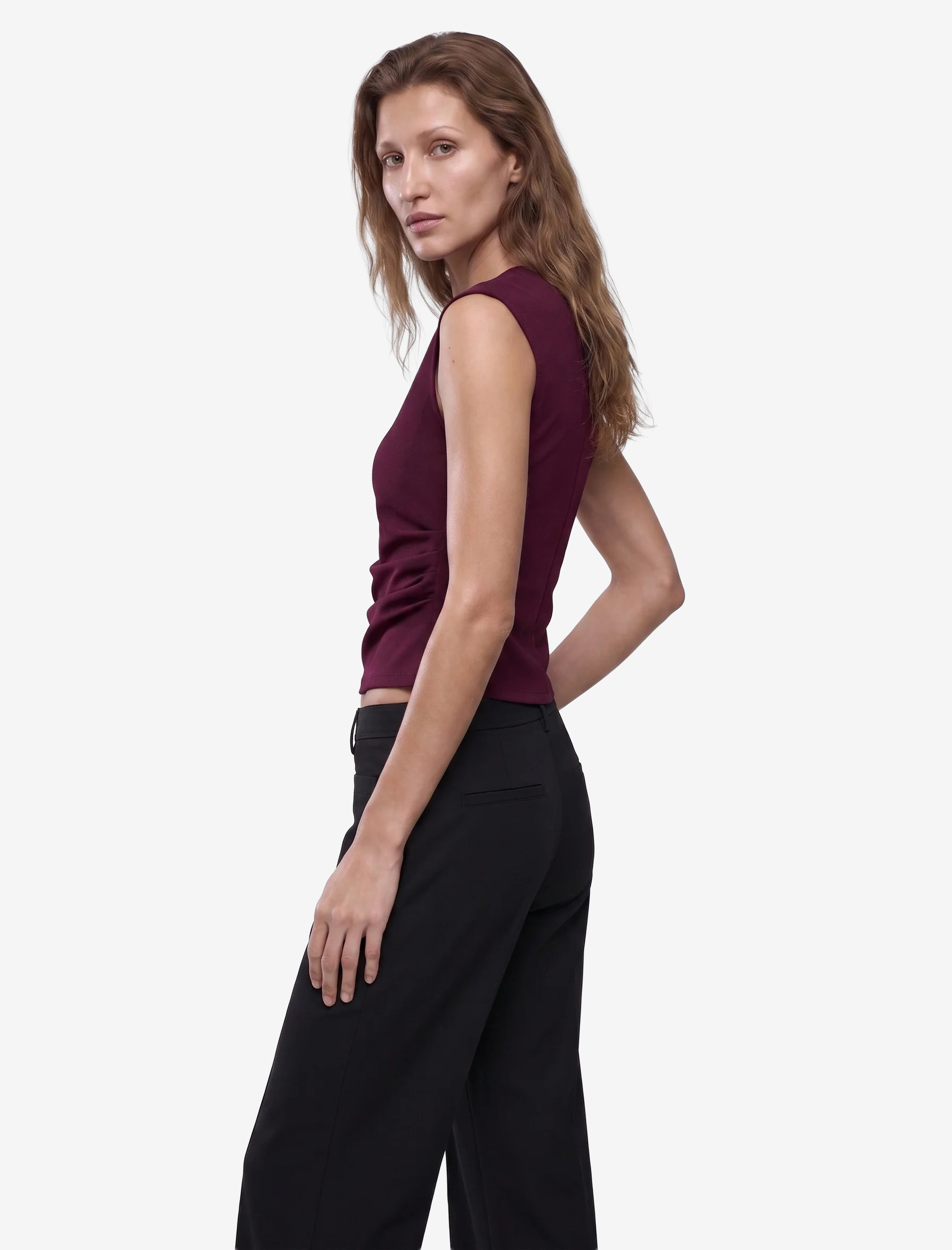   Krep Scuba Slim Fit Drape Detaylı Kolsuz Bisiklet Yaka Bluz