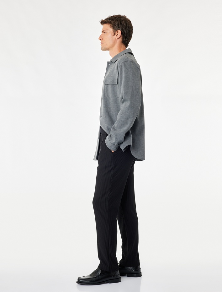  Pileli Dokulu Cepli Slim Fit Pantolon