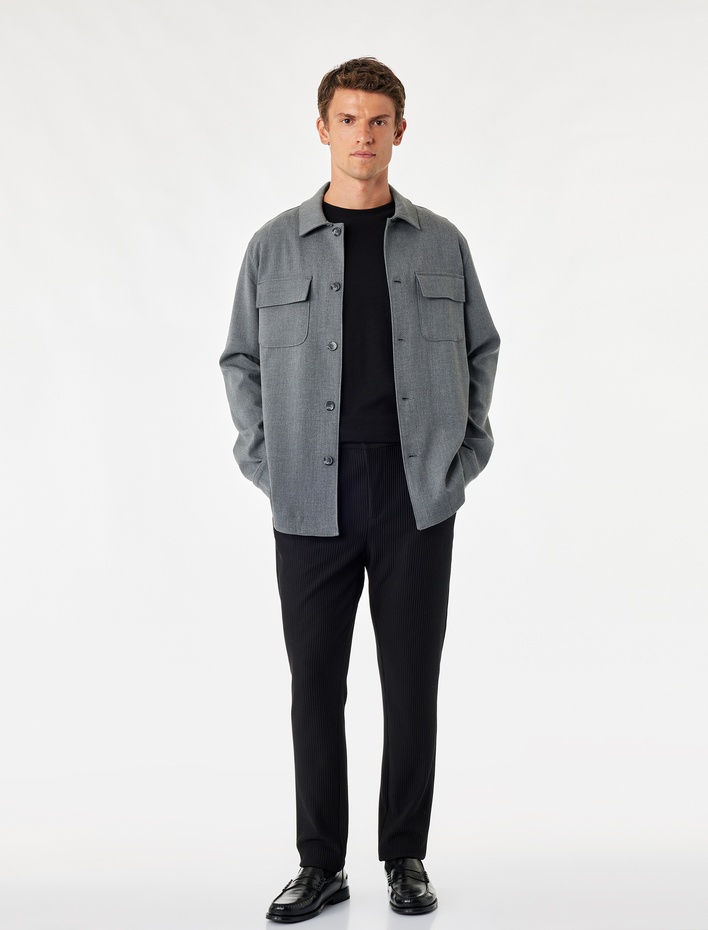  Pileli Dokulu Cepli Slim Fit Pantolon