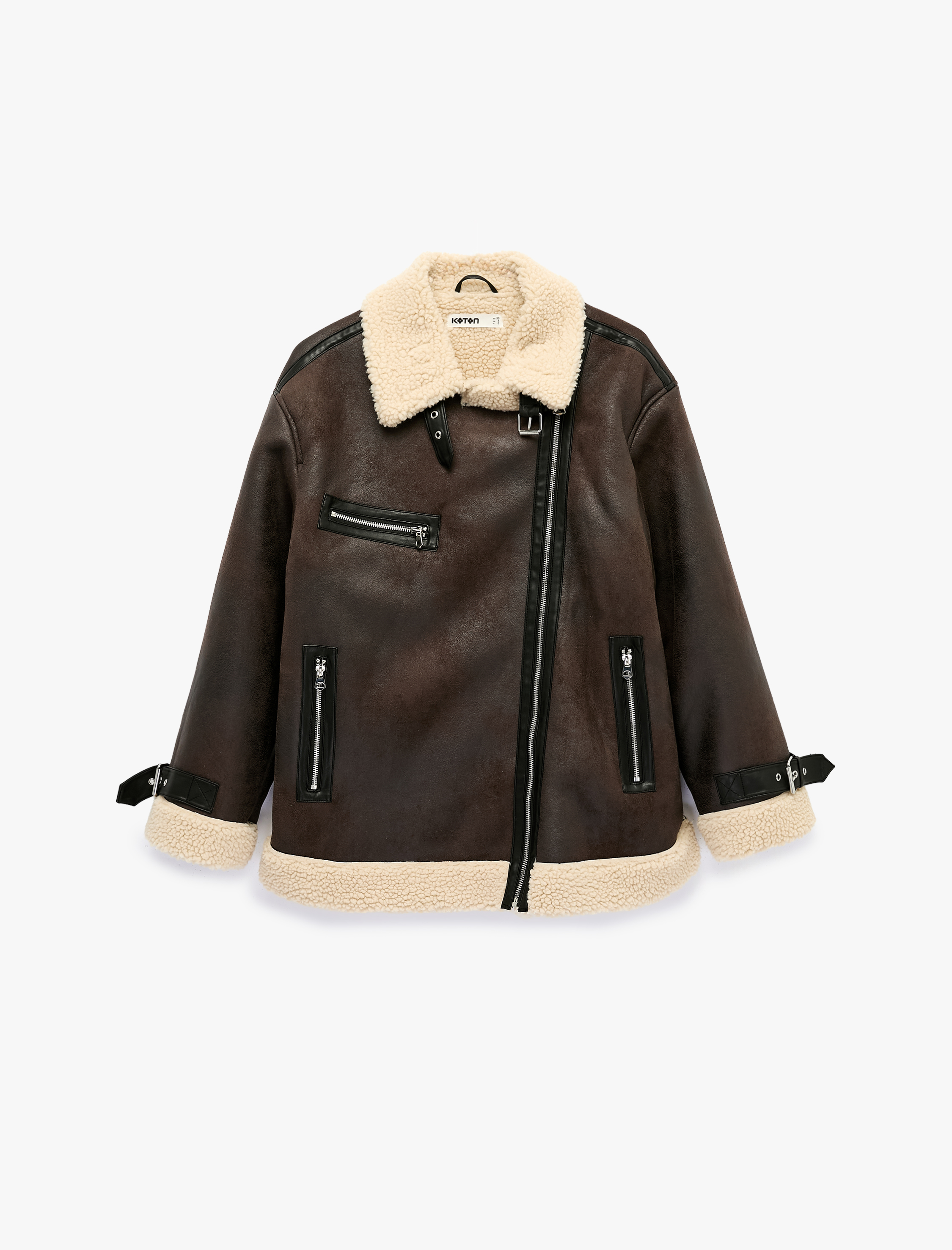  İçi Peluş Astarlı Fermuarlı Uzun Kollu Suni Deri Biker Bonded Mont