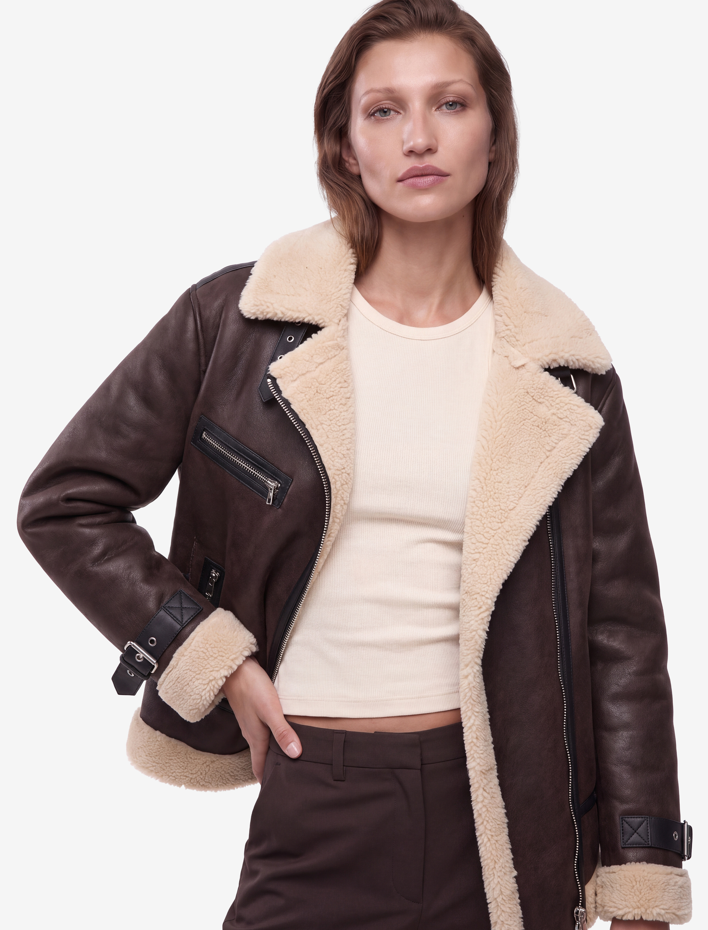  İçi Peluş Astarlı Fermuarlı Uzun Kollu Suni Deri Biker Bonded Mont