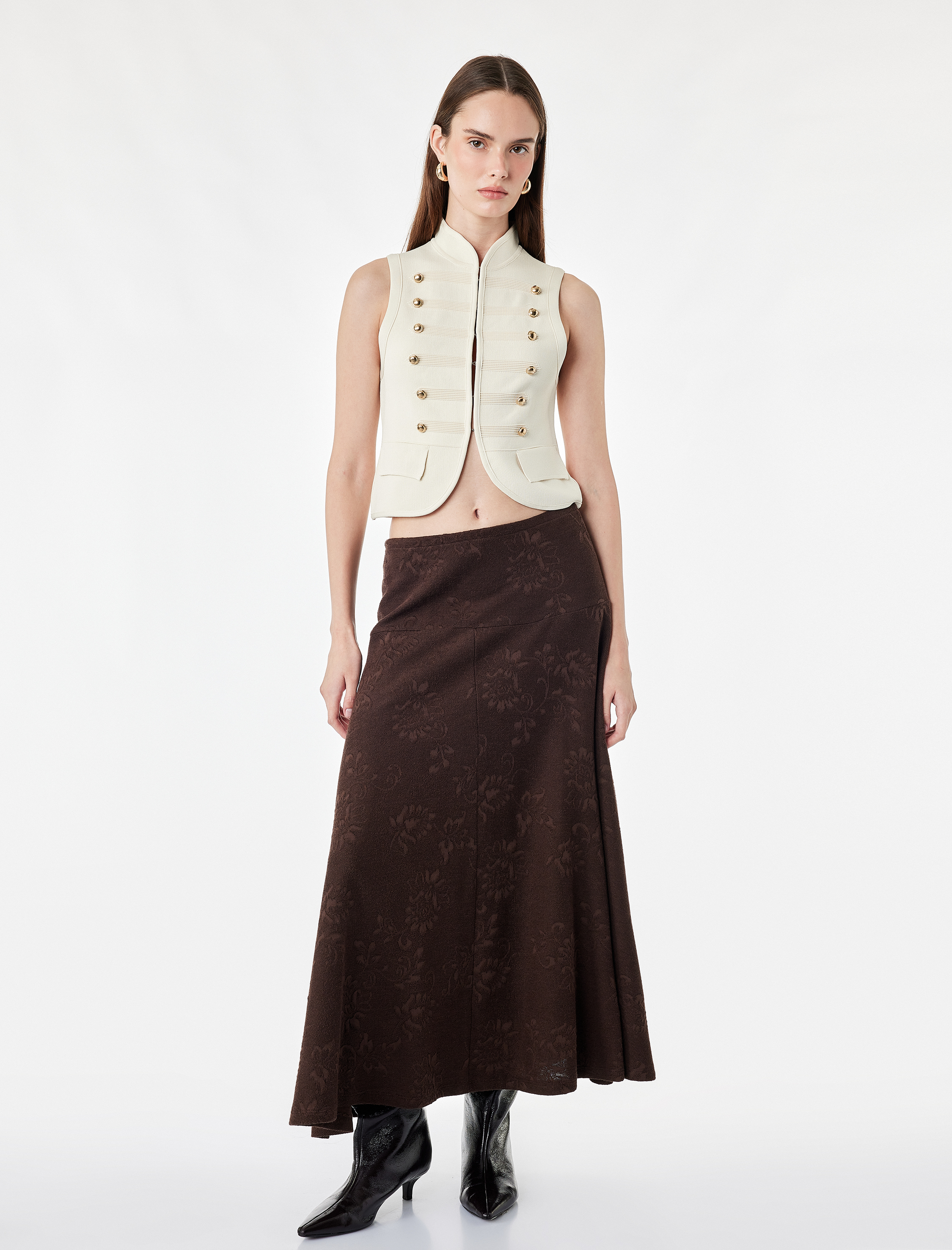   Pileli Floral Dokulu Midi Kloş Midi Etek