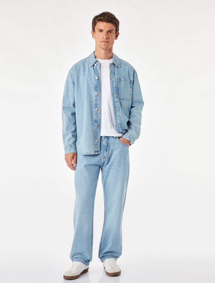  Düğmeli Cepli Vintage Straight Fit Jean Pantolon