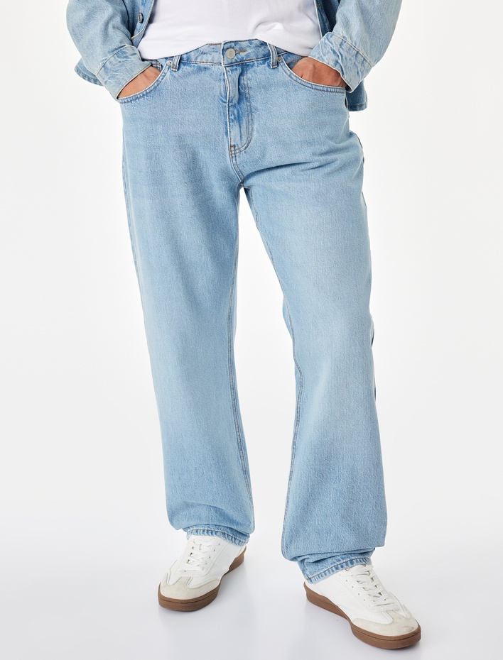  Düğmeli Cepli Vintage Straight Fit Jean Pantolon