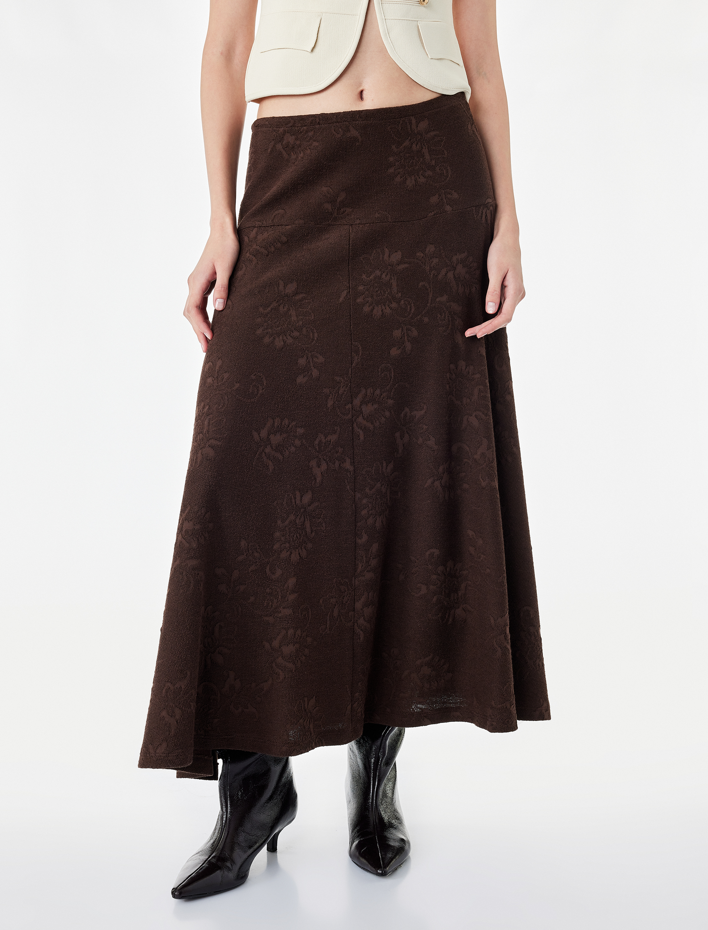   Pileli Floral Dokulu Midi Kloş Midi Etek