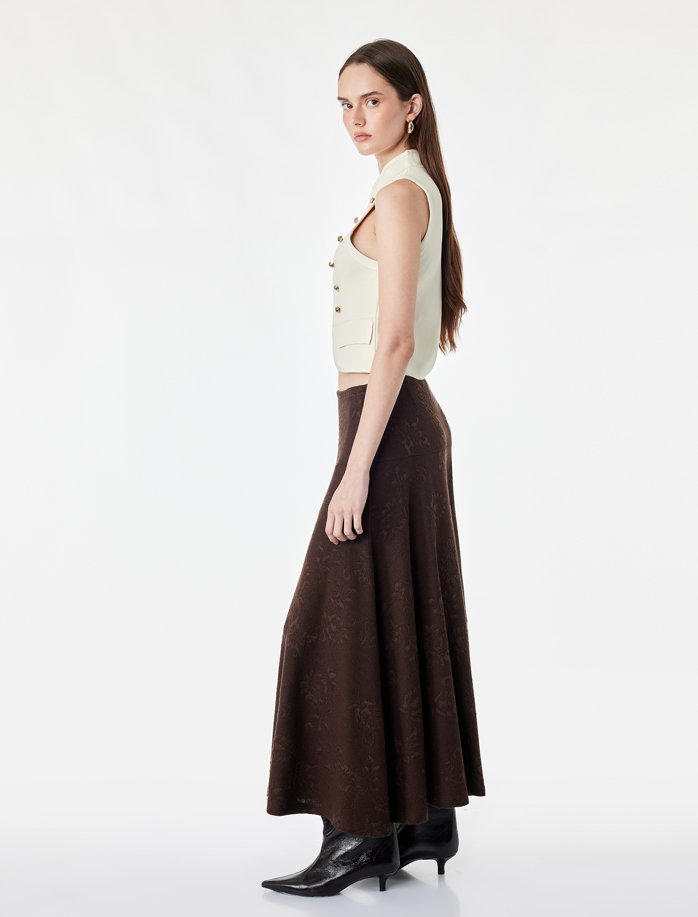   Pileli Floral Dokulu Midi Kloş Midi Etek