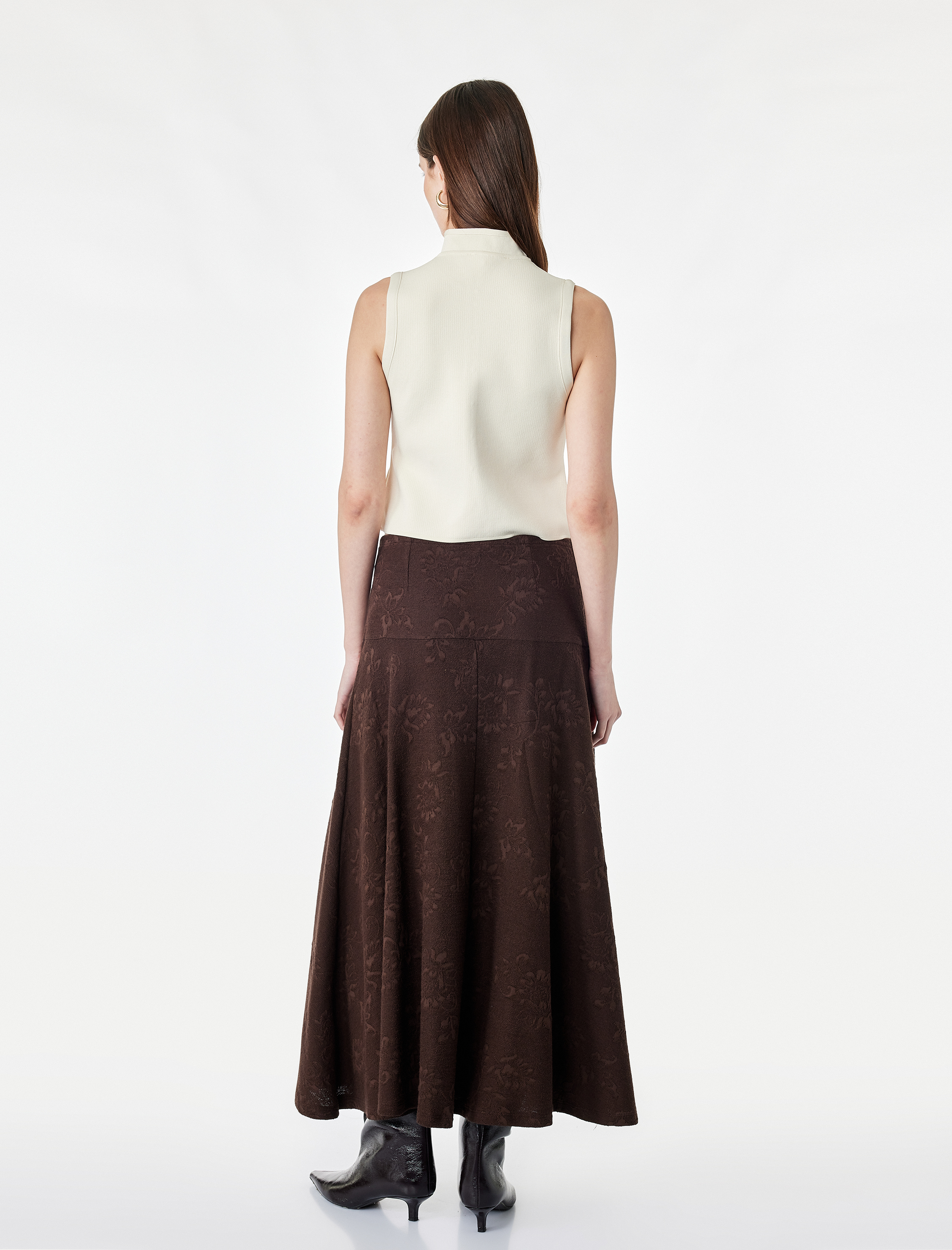   Pileli Floral Dokulu Midi Kloş Midi Etek