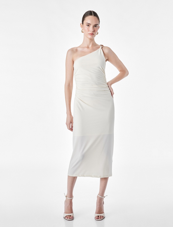  Slim Fit Aksesuar Detaylı Tek Omuz Midi Elbise