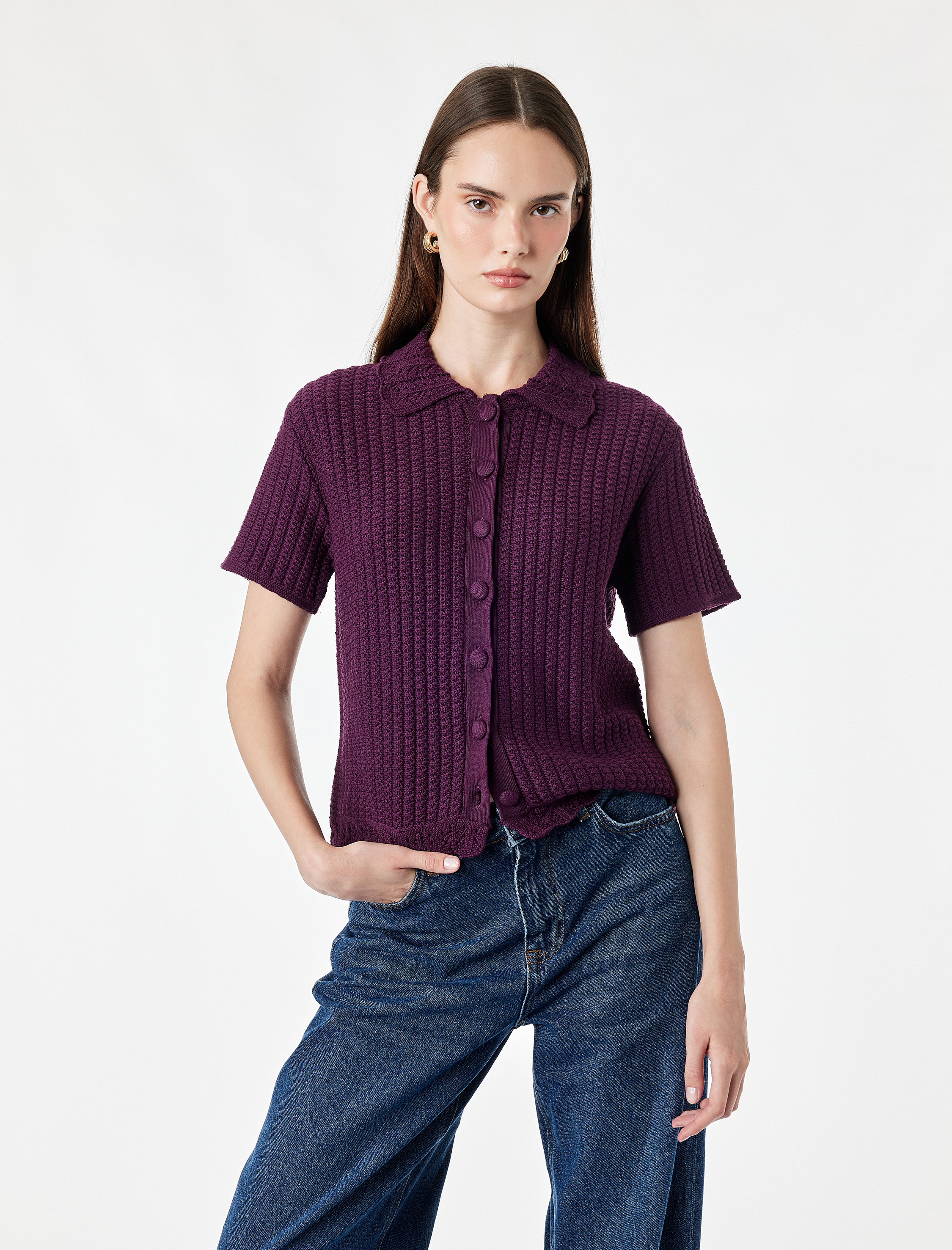   Regular Fit Kısa Kollu Polo Yaka Düğmeli Motifli Triko Hırka