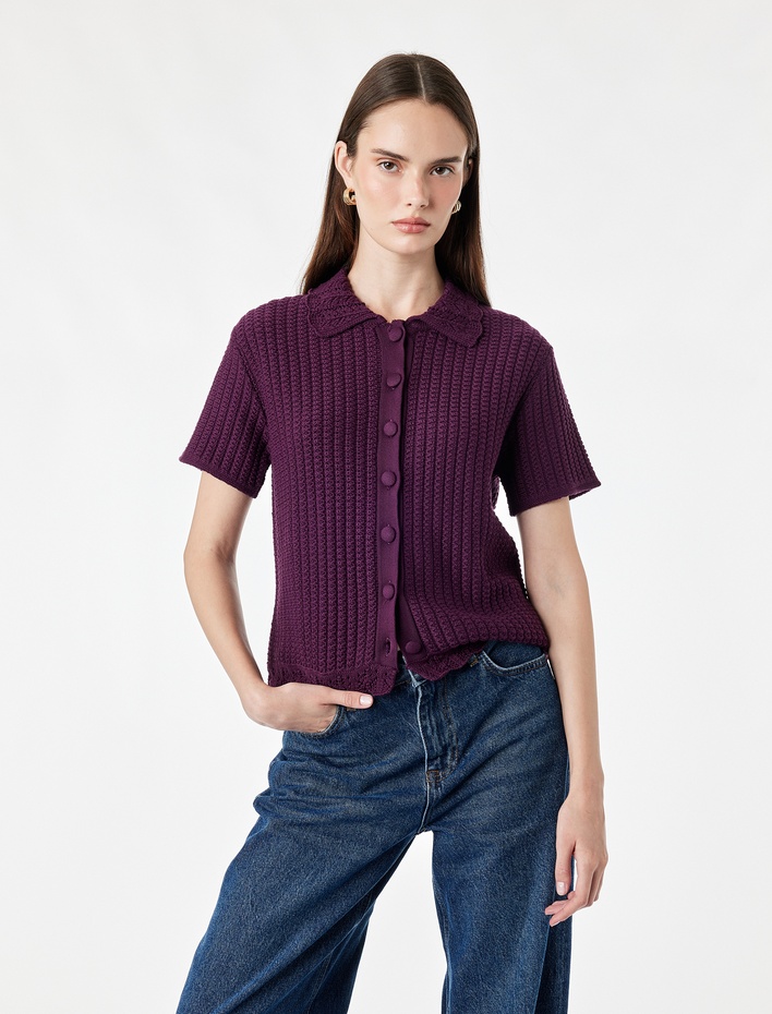  Regular Fit Kısa Kollu Polo Yaka Düğmeli Motifli Triko Hırka
