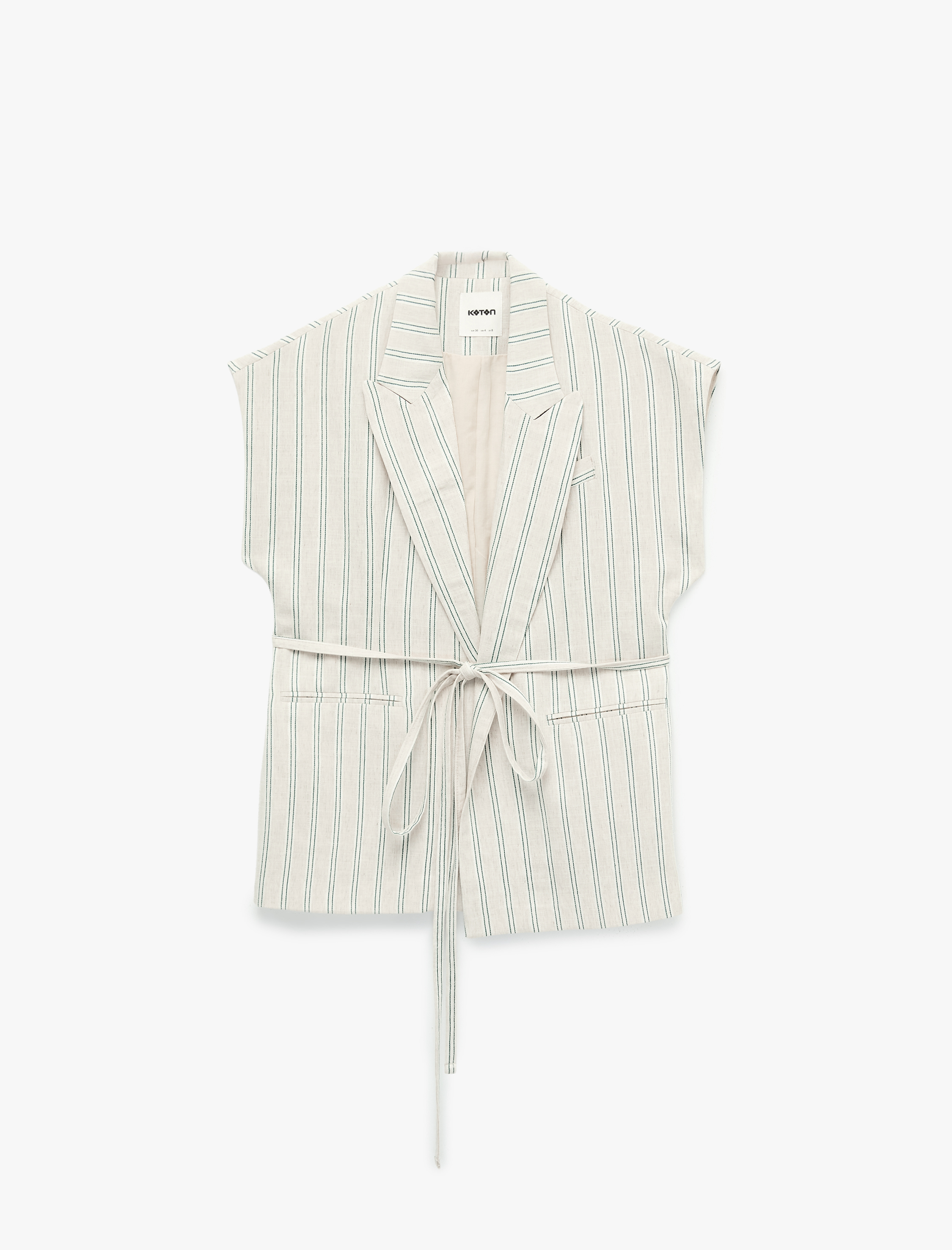   Keten Karışımlı Bel Detaylı Cepli Çizgili Kolsuz Blazer Ceket