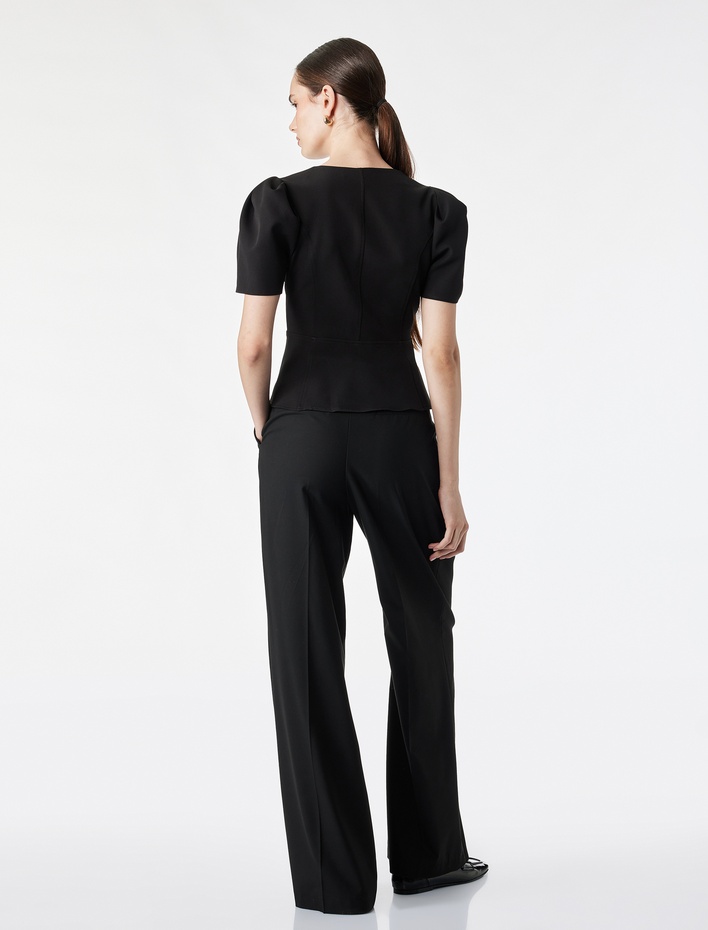  Slim Fit V Yaka Balon Kollu Süs Düğme Detaylı Peplum Bluz