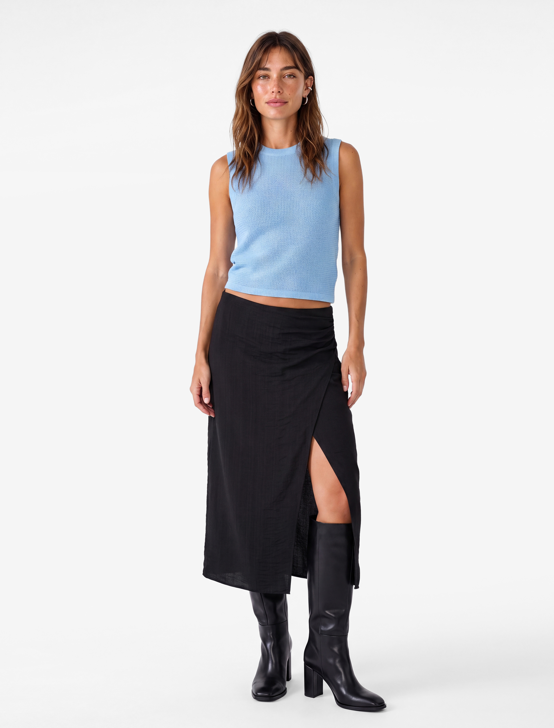   Slim Fit Viskon Kruvaze Yırtmaç Detaylı Midi Etek