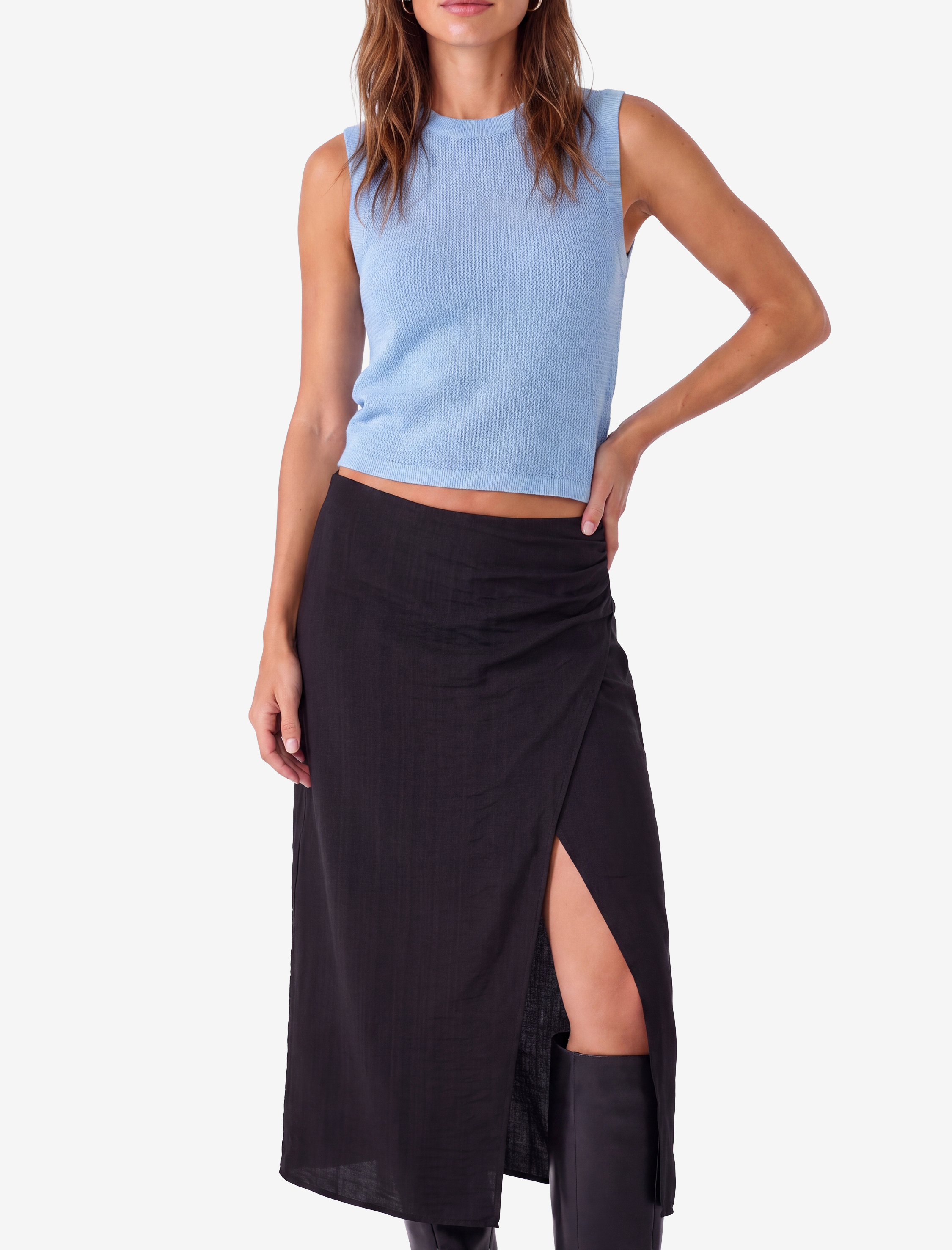   Slim Fit Viskon Kruvaze Yırtmaç Detaylı Midi Etek