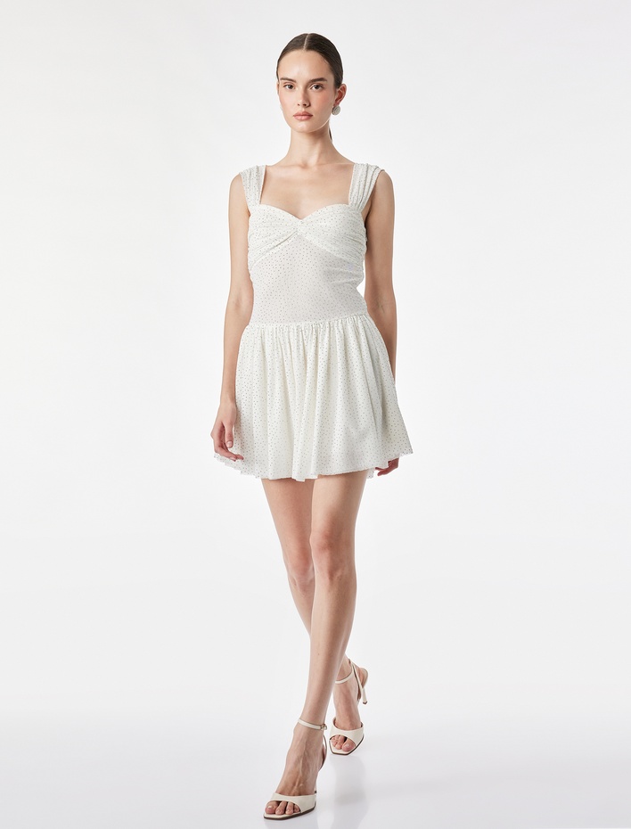  Drapeli Büzgülü Kalp Yaka Volanlı Kolsuz Slim Fit Mini Taşlı Bridal Elbise