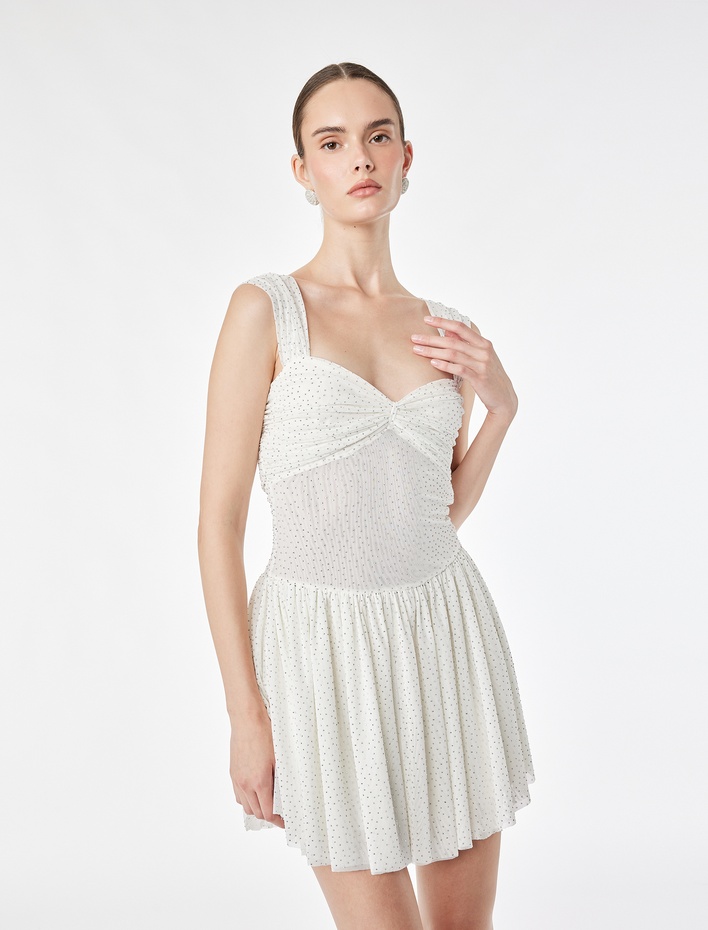  Drapeli Büzgülü Kalp Yaka Volanlı Kolsuz Slim Fit Mini Taşlı Bridal Elbise