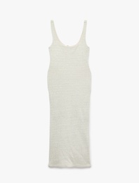 Slim Fit U Yaka Kolsuz Yırtmaçlı Askılı Triko Elbise
