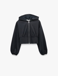 Slim Fit Uzun Kollu Fermuarlı Çizgili Kapüşonlu Sweatshirt