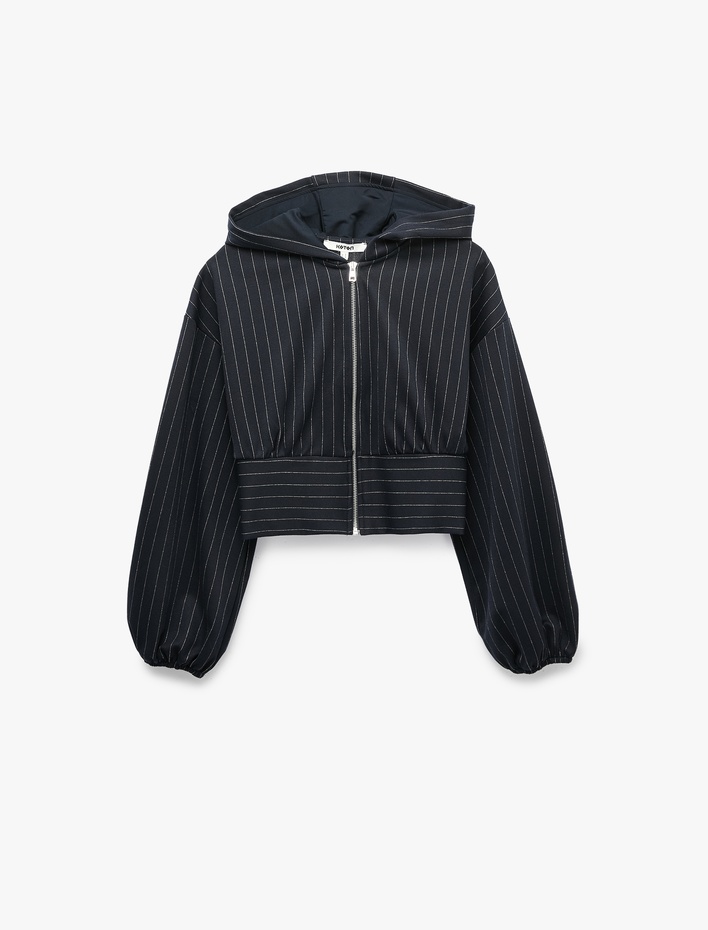  Slim Fit Uzun Kollu Fermuarlı Çizgili Kapüşonlu Sweatshirt