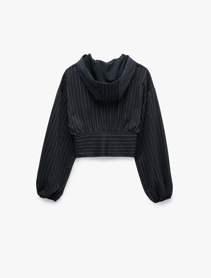  Slim Fit Uzun Kollu Fermuarlı Çizgili Kapüşonlu Sweatshirt