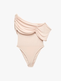 Drapeli Slim Fit Straplez Açık Omuz Bodysuit