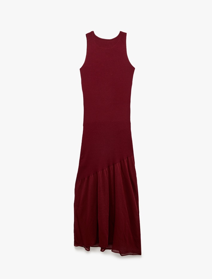  Slim Fit Tül Detaylı Viskon Kolsuz Bisiklet Yaka Uzun Triko Elbise