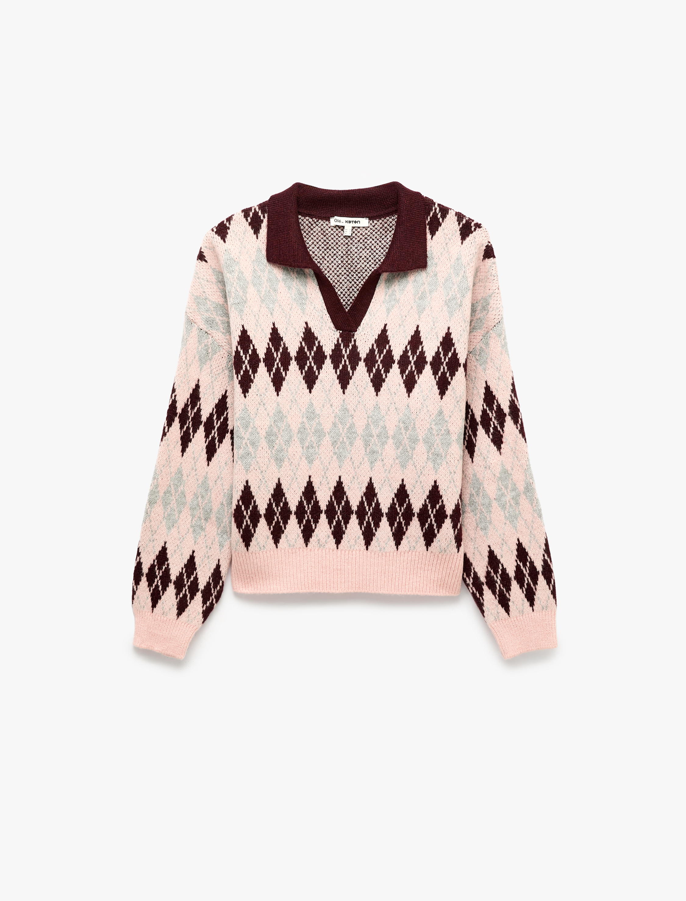   Regular Fit Polo Yaka Uzun Kollu Triko Baklava Desenli Kazak