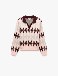 Regular Fit Polo Yaka Uzun Kollu Triko Baklava Desenli Kazak