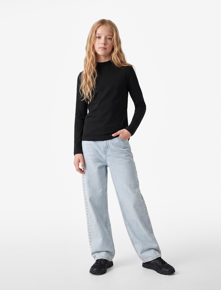 Kız Çocuk Dik Yaka Modal Karışımlı Uzun Kollu Slim Fit Tişört
