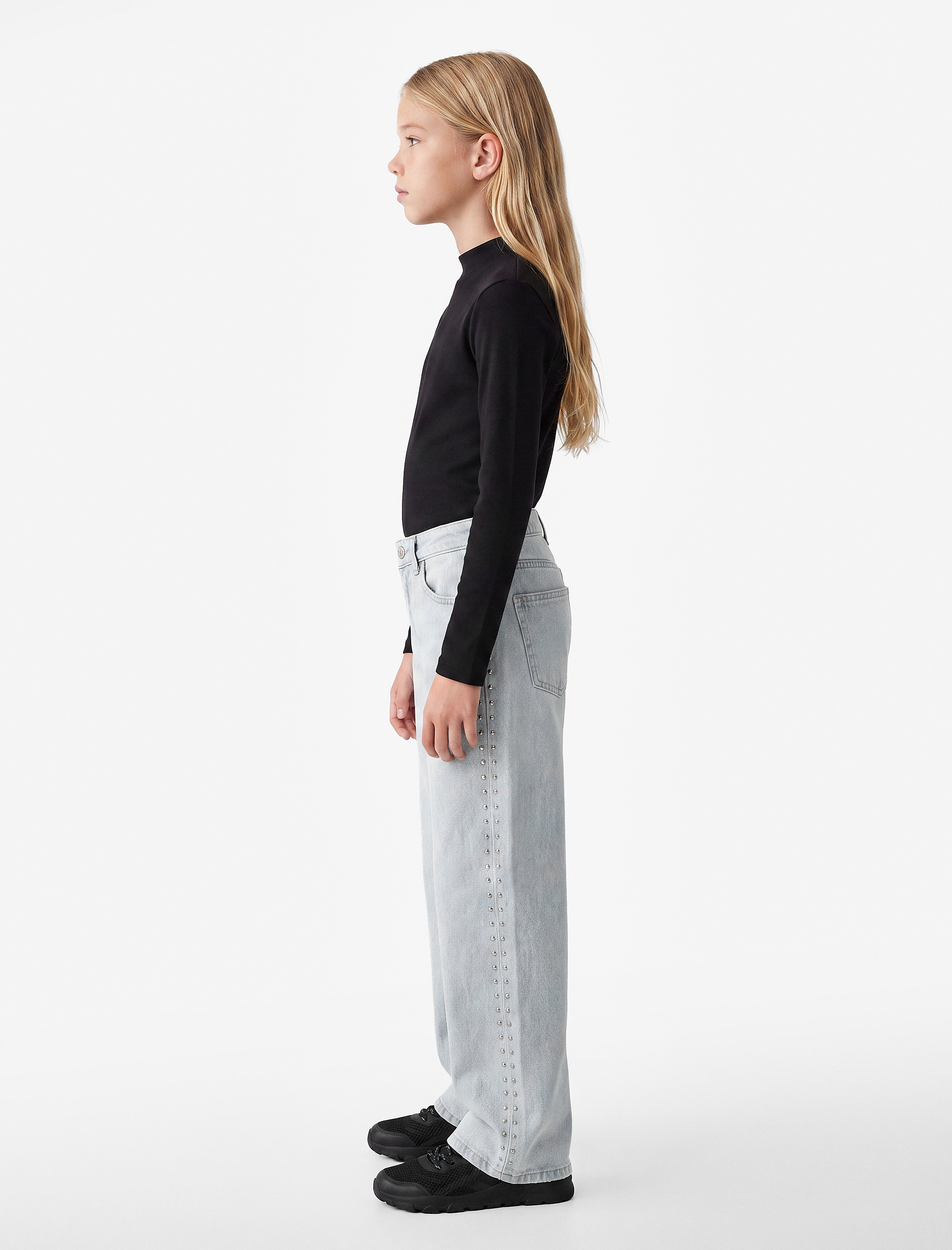  Kız Çocuk Dik Yaka Modal Karışımlı Uzun Kollu Slim Fit Tişört