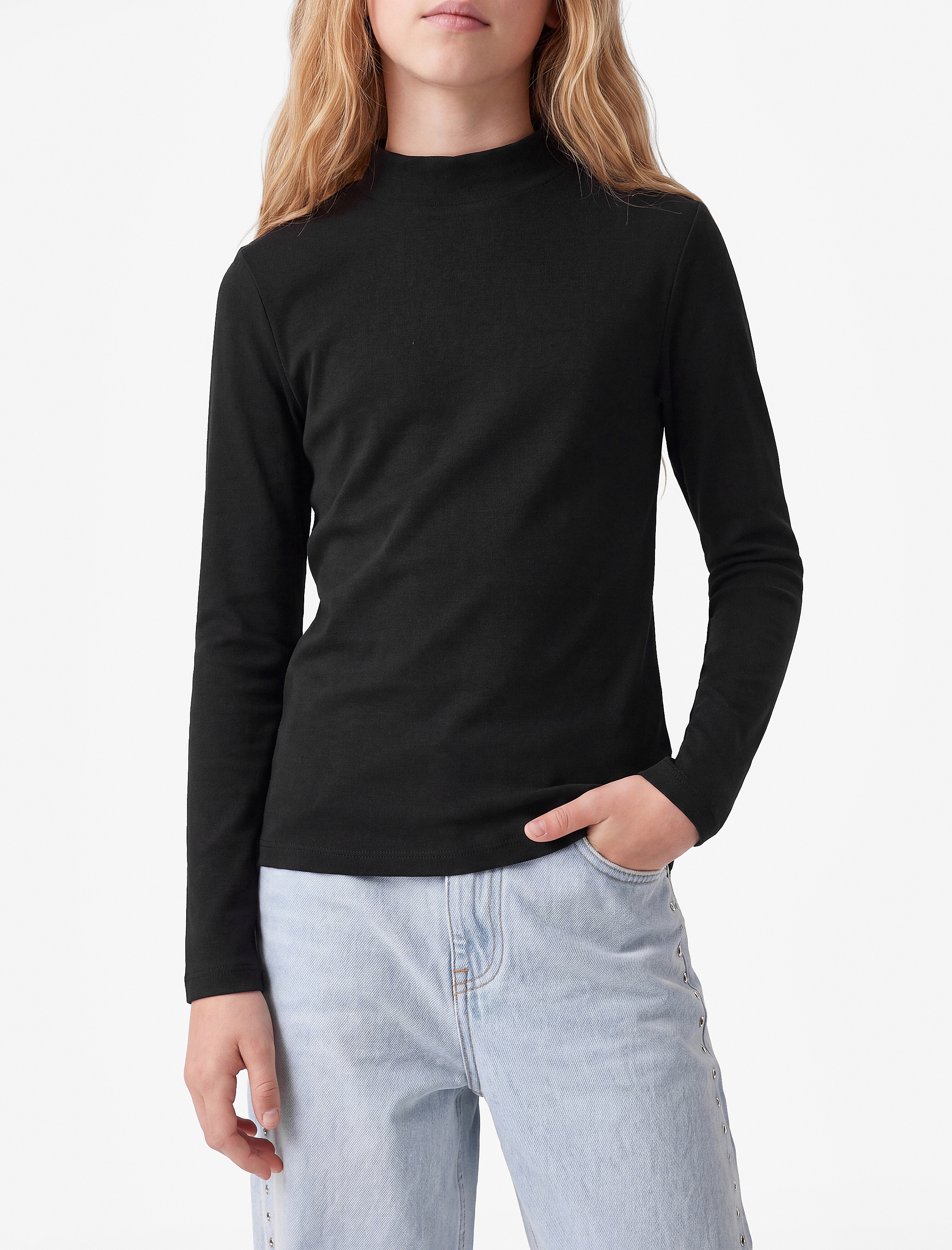  Kız Çocuk Dik Yaka Modal Karışımlı Uzun Kollu Slim Fit Tişört