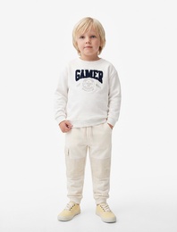 Şardonlu Uzun Kollu Bisiklet Yaka Nakışlı Sweatshirt