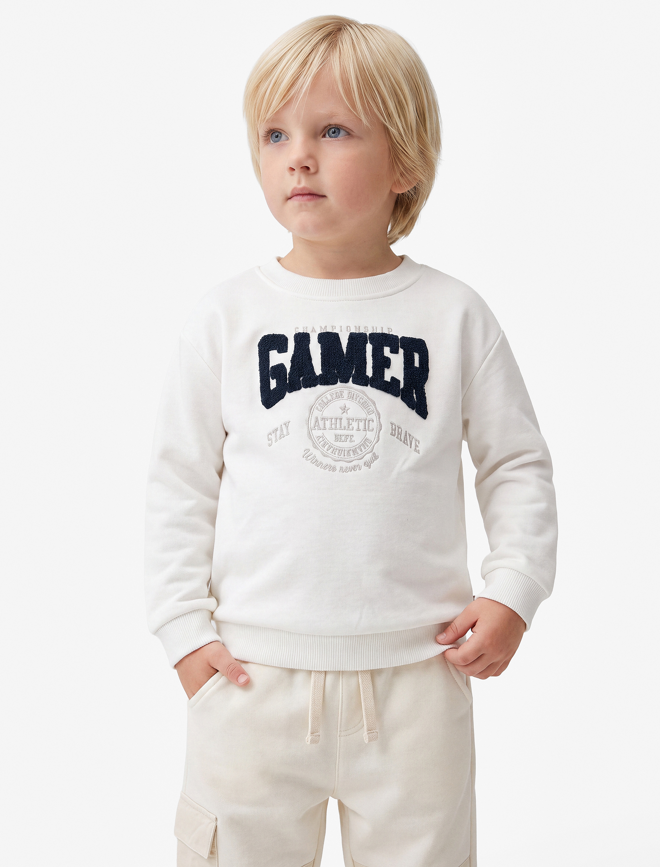  Erkek Bebek Şardonlu Uzun Kollu Bisiklet Yaka Nakışlı Sweatshirt