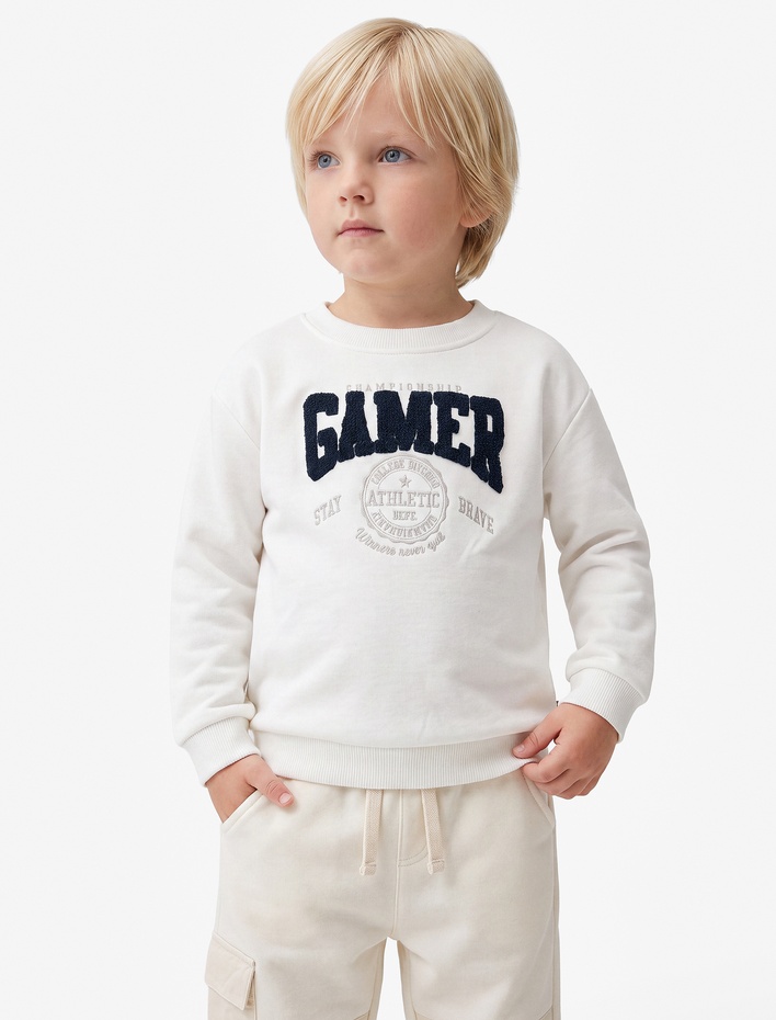 Erkek Bebek Şardonlu Uzun Kollu Bisiklet Yaka Nakışlı Sweatshirt