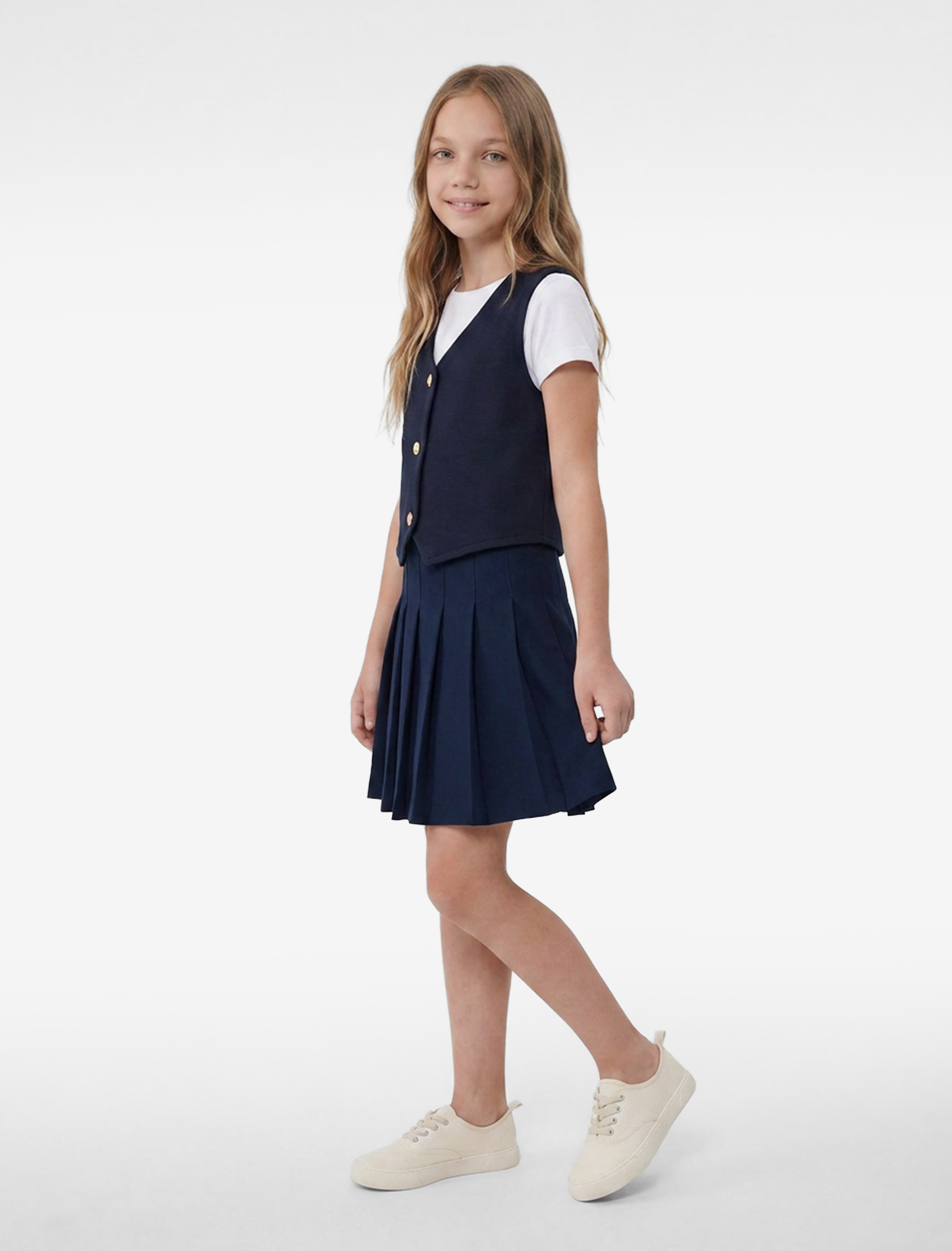  Kız Çocuk V Yaka Kolsuz Düğmeli Crop Bluz