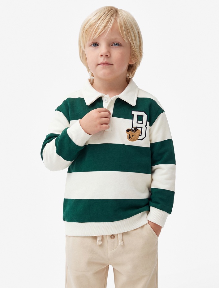 Erkek Bebek İşleme Detaylı Düğmeli Uzun Kollu Oversize Polo Yaka Sweatshirt