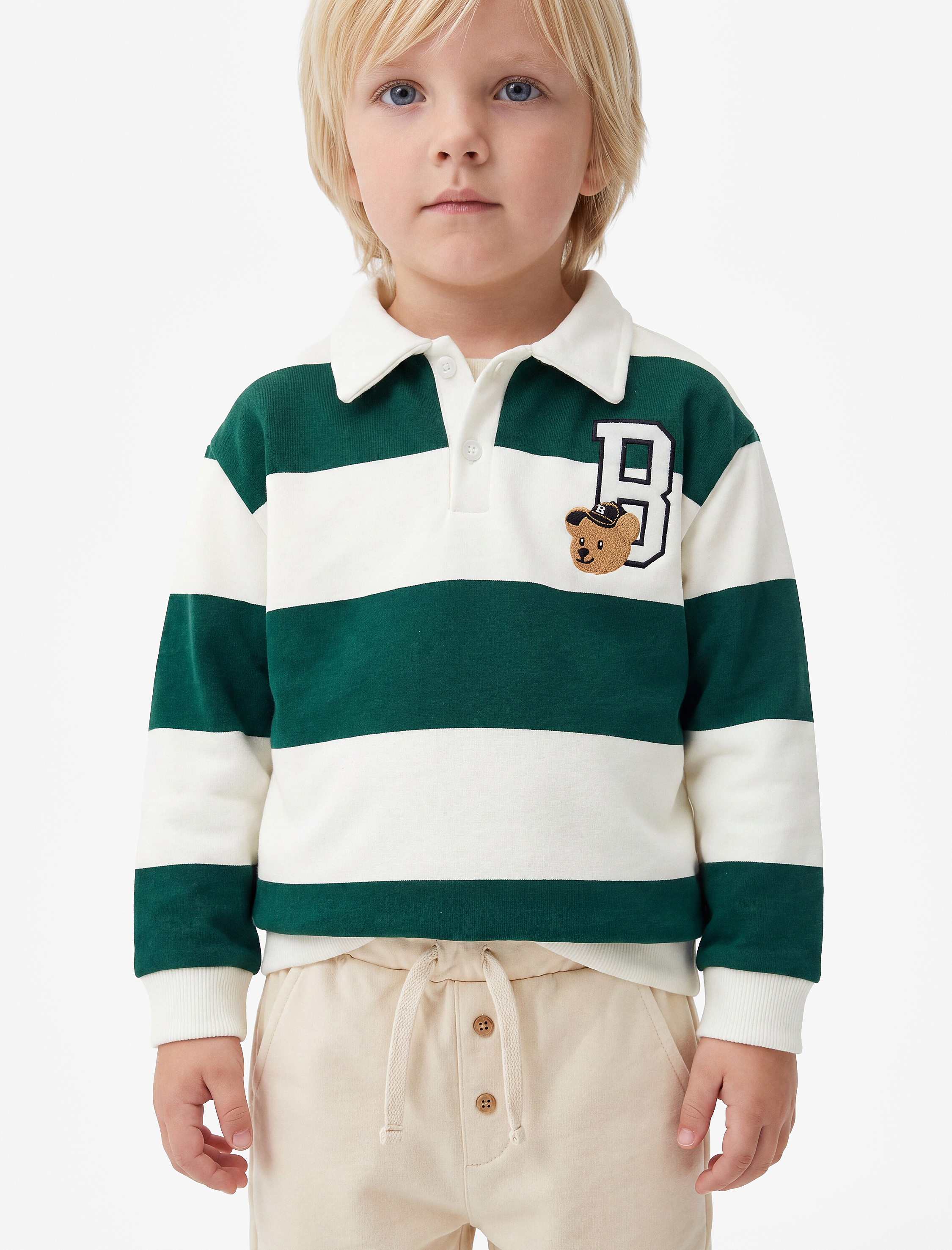  Erkek Bebek İşleme Detaylı Düğmeli Uzun Kollu Oversize Polo Yaka Sweatshirt