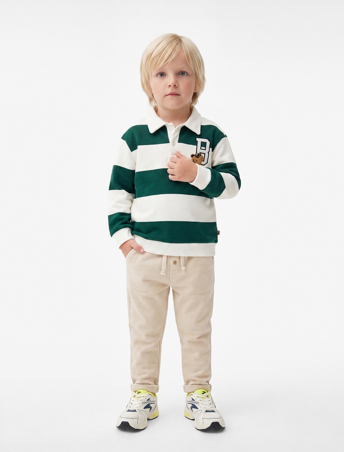 Erkek Bebek İşleme Detaylı Düğmeli Uzun Kollu Oversize Polo Yaka Sweatshirt