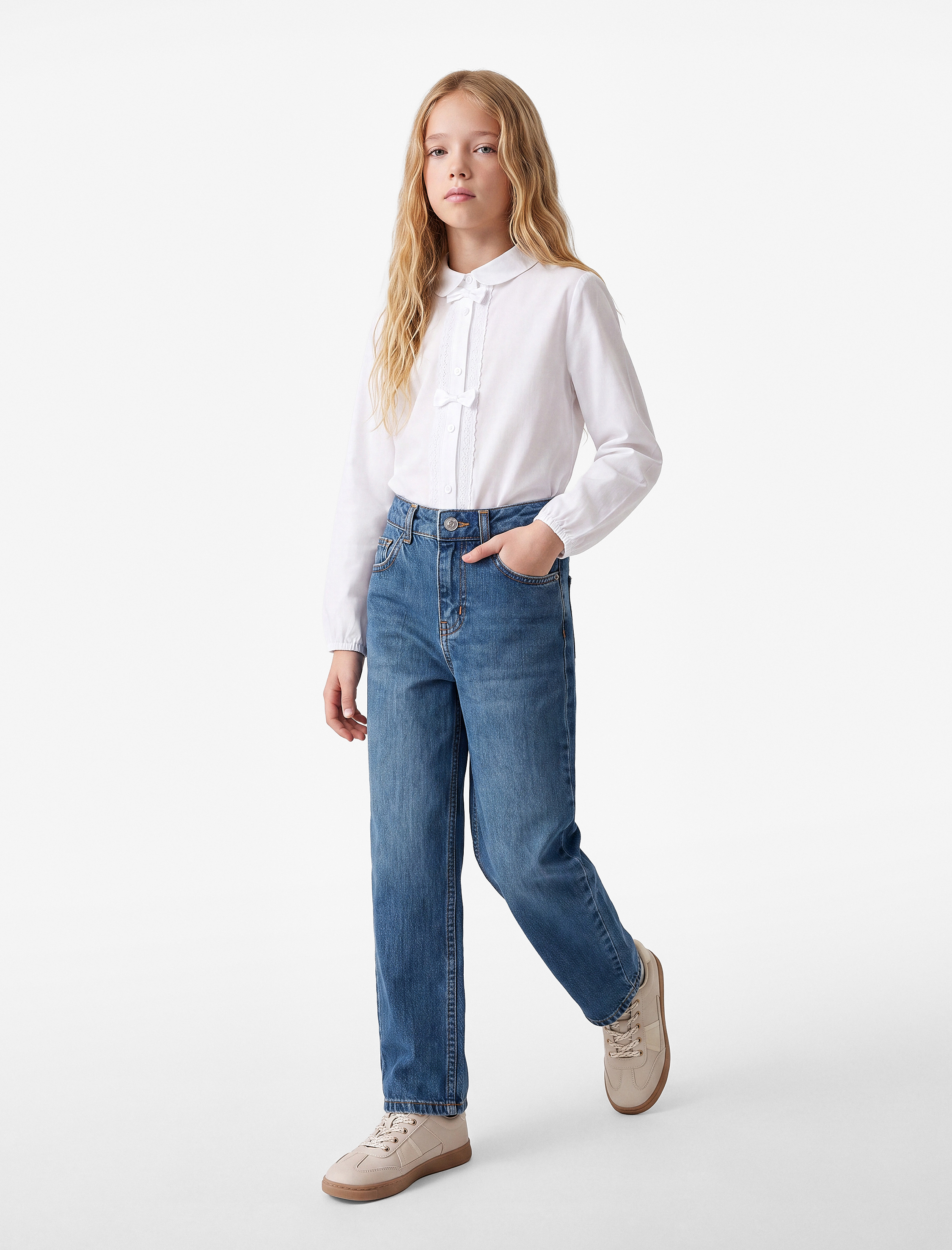  Kız Çocuk Pamuklu Mom Fit Denim Pantolon