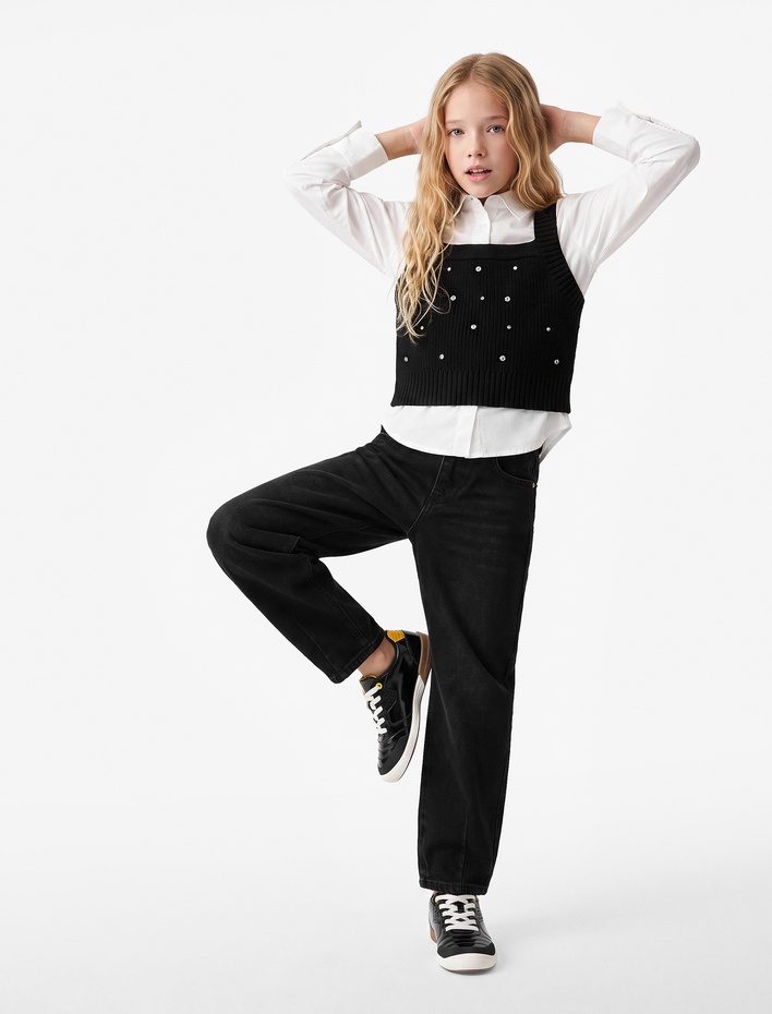 Kız Çocuk Pamuklu Loose Fit Denim Pantolon