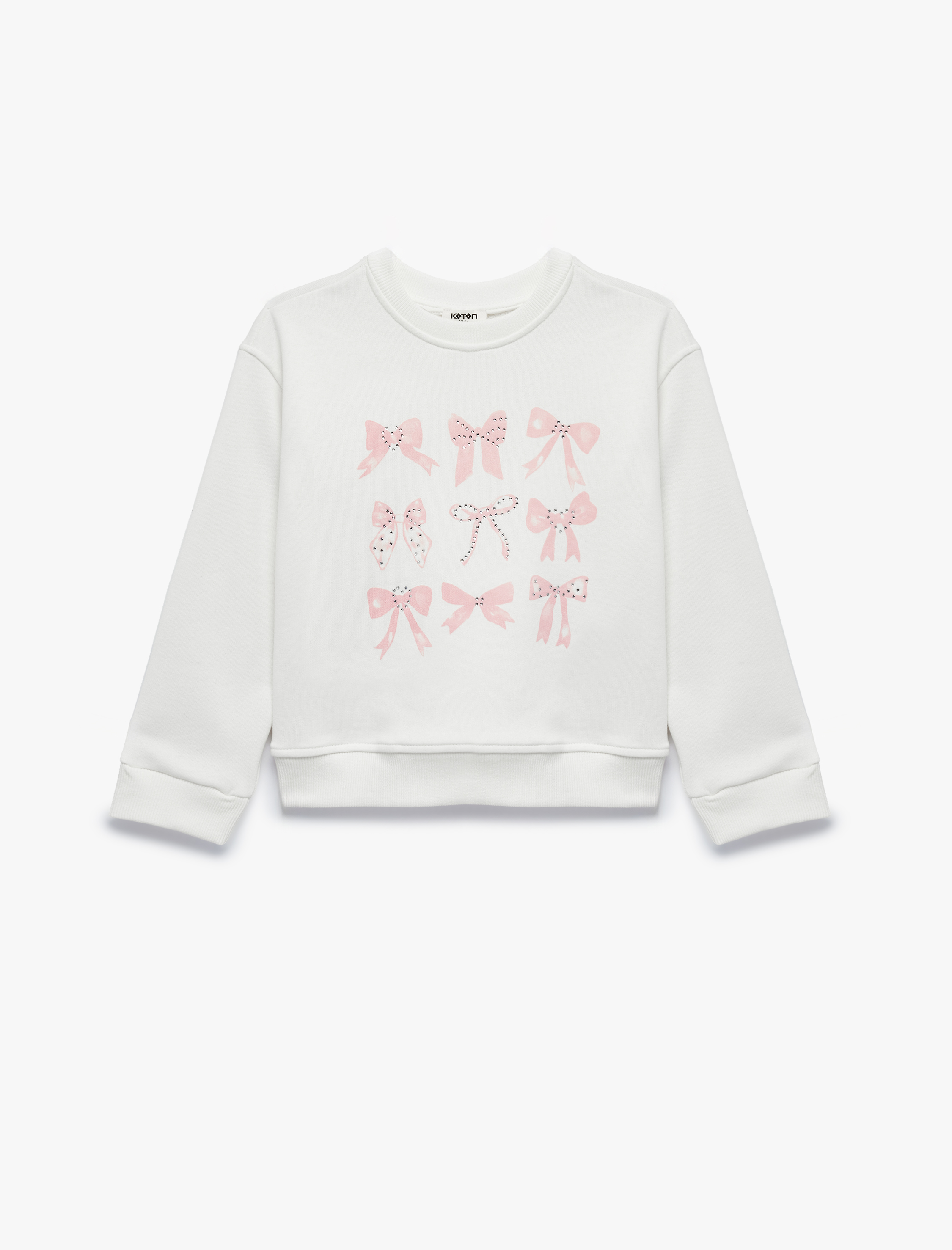  Kız Çocuk Taş Detaylı Uzun Kollu Bisiklet Yaka Fiyonk Baskılı Sweatshirt
