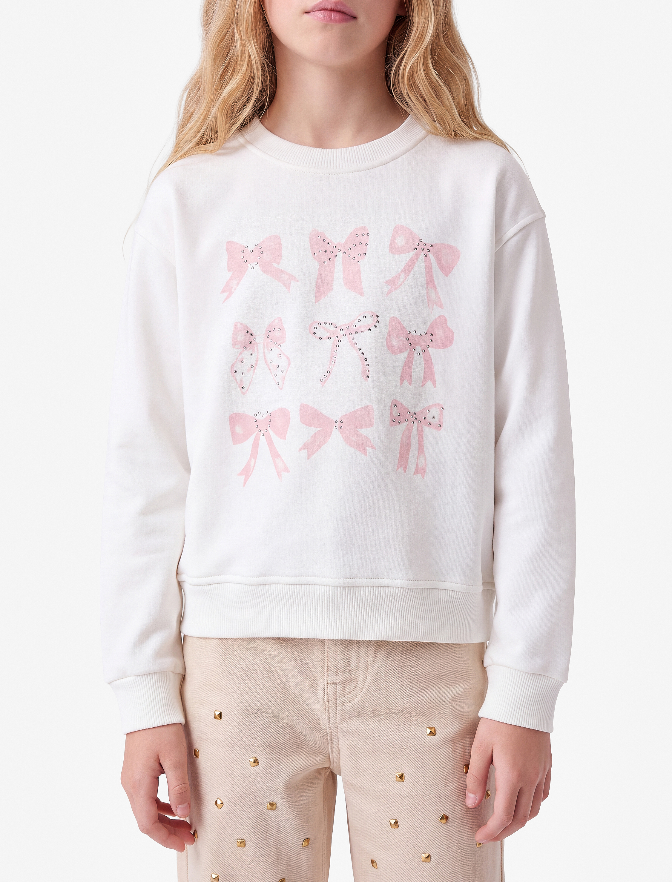  Kız Çocuk Taş Detaylı Uzun Kollu Bisiklet Yaka Fiyonk Baskılı Sweatshirt