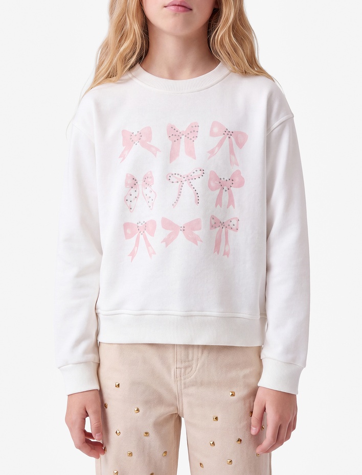 Kız Çocuk Taş Detaylı Uzun Kollu Bisiklet Yaka Fiyonk Baskılı Sweatshirt