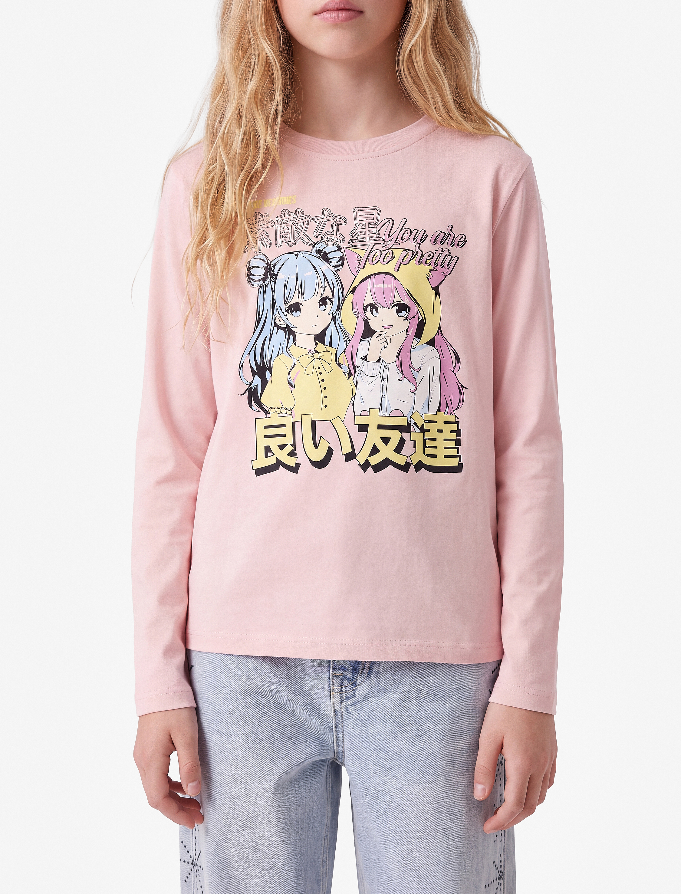  Kız Çocuk Pamuklu Uzun Kollu Bisiklet Yaka Anime Baskılı Tişört
