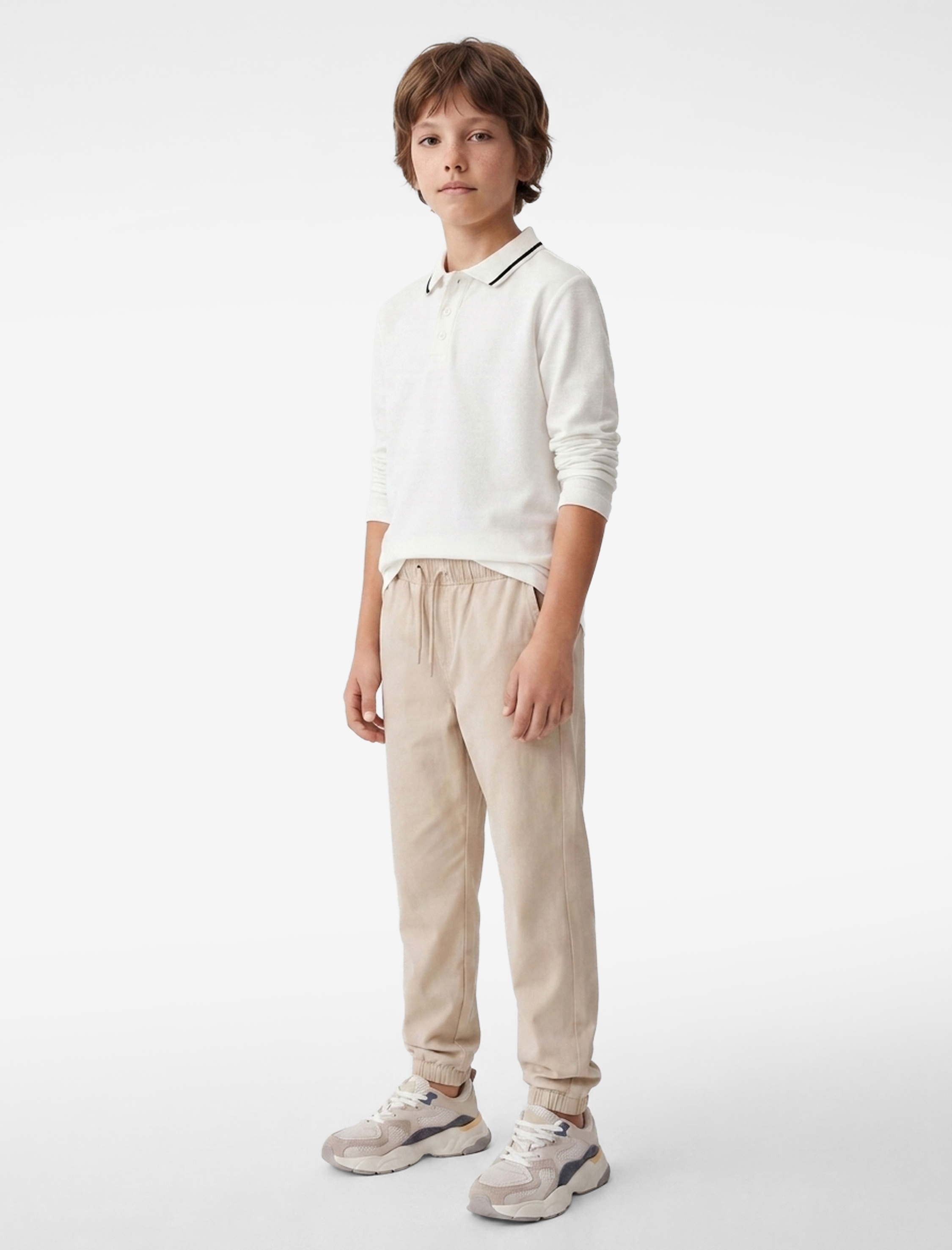  Erkek Çocuk Pamuklu Düğmeli Uzun Kollu Polo Yaka Basic Okul Tişörtü