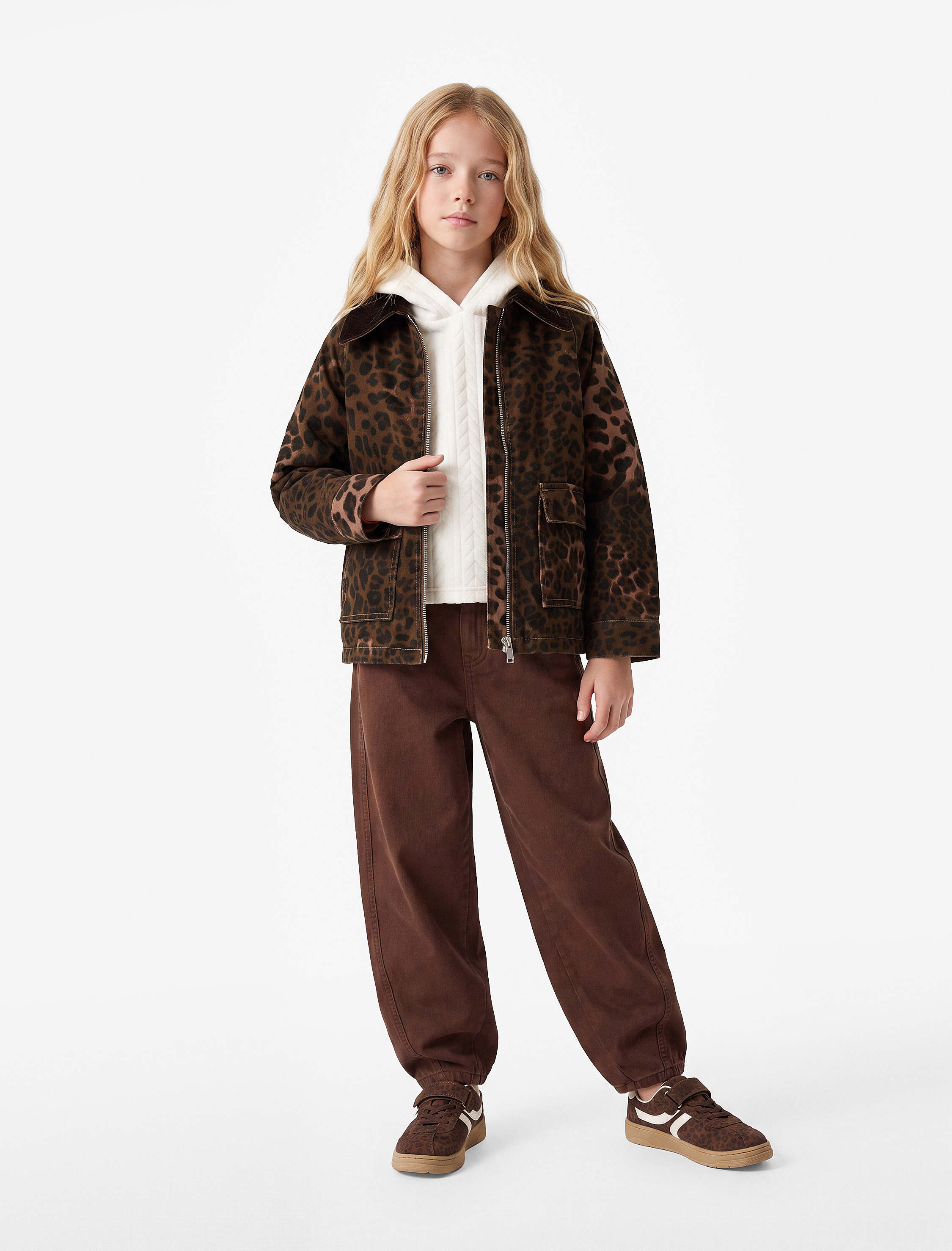 Kız Çocuk Pamuklu Polo Yaka Leoparlı Oversize Mevsimlik Ceket