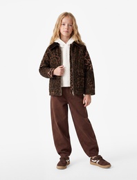 Pamuklu Polo Yaka Leoparlı Oversize Mevsimlik Ceket