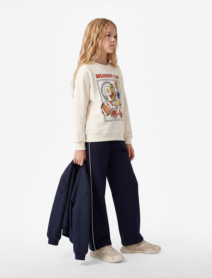 Kız Çocuk Uzun Kollu Bisiklet Yaka Baskılı Sweatshirt