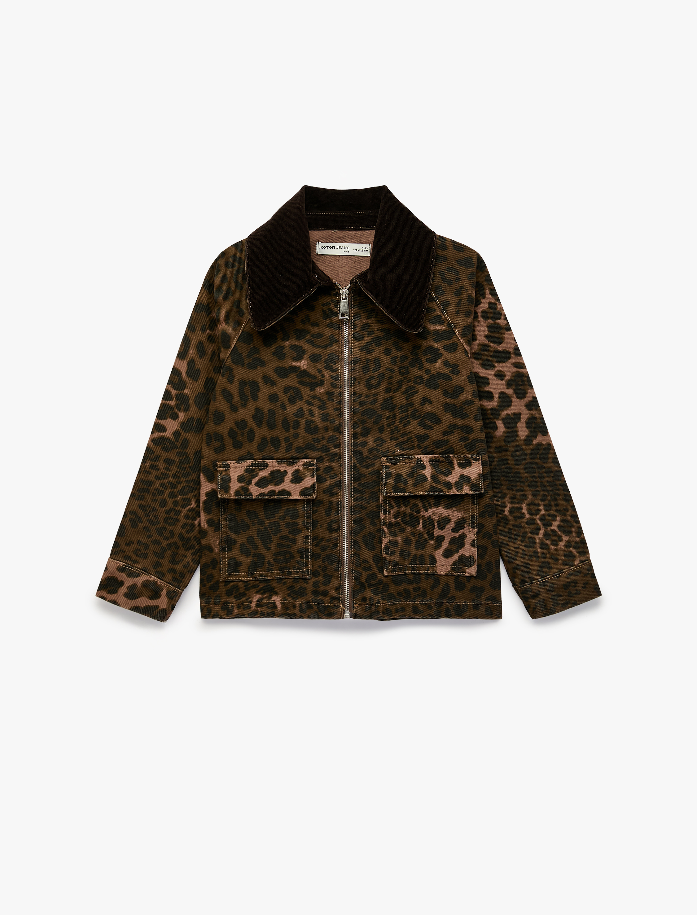  Kız Çocuk Pamuklu Polo Yaka Leoparlı Oversize Mevsimlik Ceket